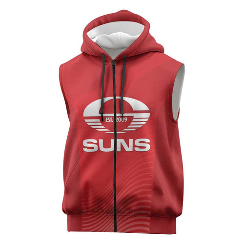 Suns Football Custom Sleeveless Zip Hoodie Gold Coast Est 2009 Deep Red LT14