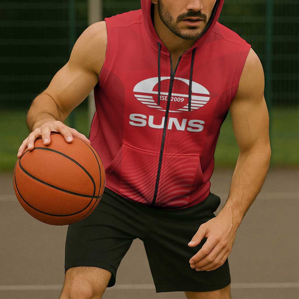 Suns Football Custom Sleeveless Zip Hoodie Gold Coast Est 2009 Deep Red LT14