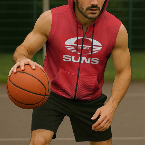 Suns Football Custom Sleeveless Zip Hoodie Gold Coast Est 2009 Deep Red LT14