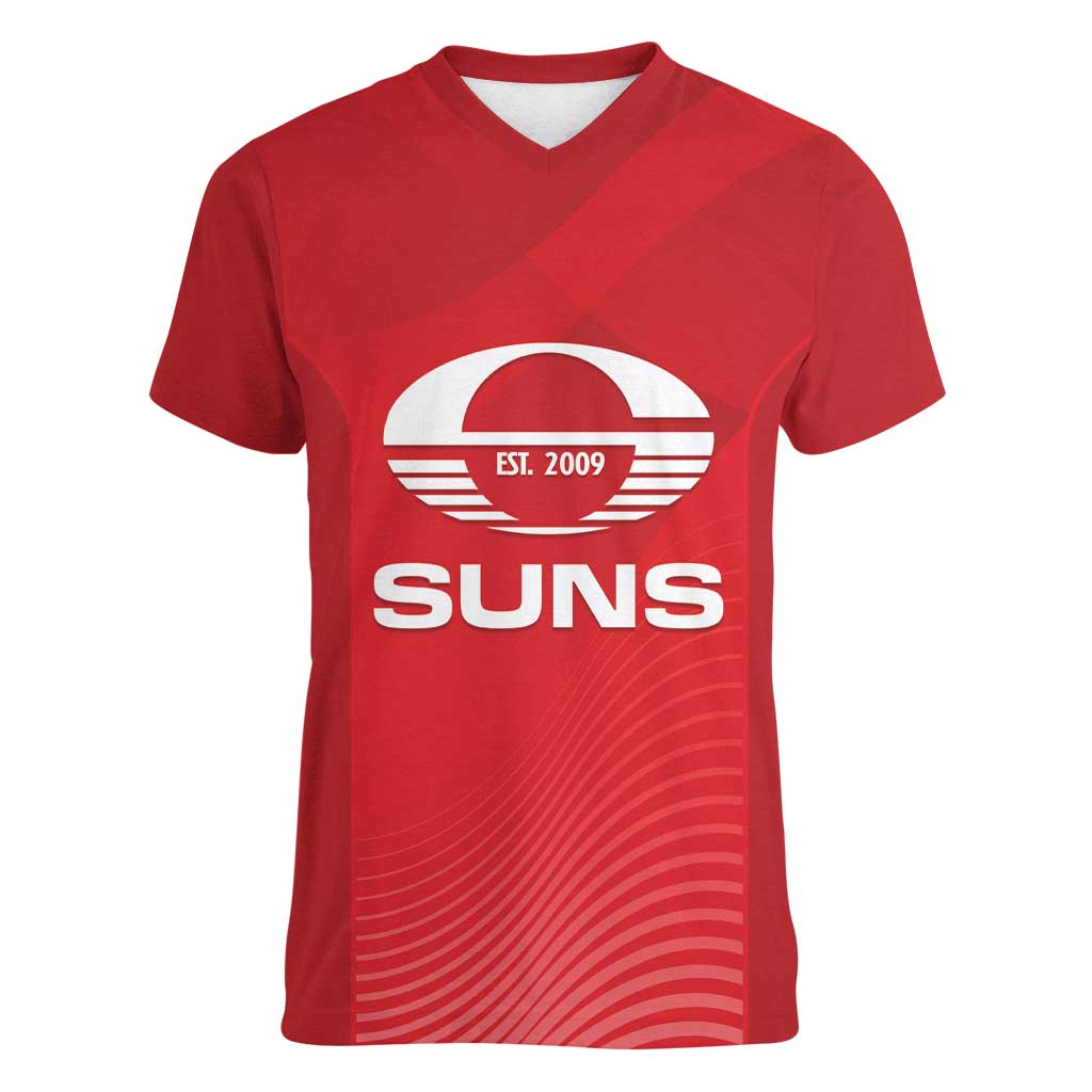 Suns Football Custom Women V-Neck T-Shirt Gold Coast Est 2009 Deep Red - Aussie Hoodie
