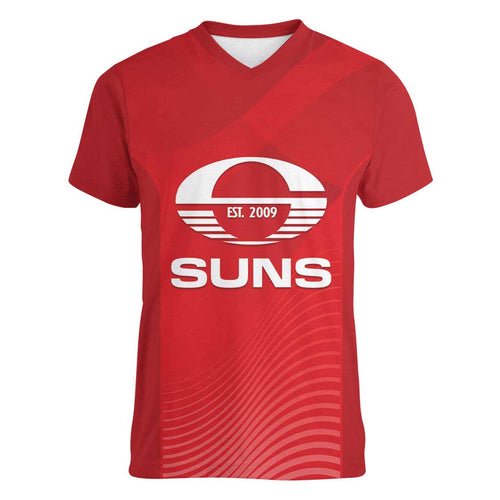 Suns Football Custom Women V-Neck T-Shirt Gold Coast Est 2009 Deep Red - Aussie Hoodie