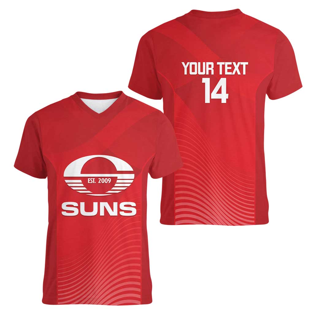 Suns Football Custom Women V-Neck T-Shirt Gold Coast Est 2009 Deep Red - Aussie Hoodie