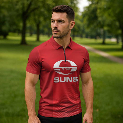 Suns Football Custom Zipper Polo Shirt Gold Coast Est 2009 Deep Red - Aussie Hoodie