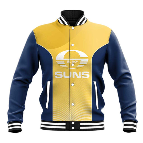 Suns Football Custom Baseball Jacket Gold Coast Est 2009 Sunburnt Gold - Aussie Hoodie