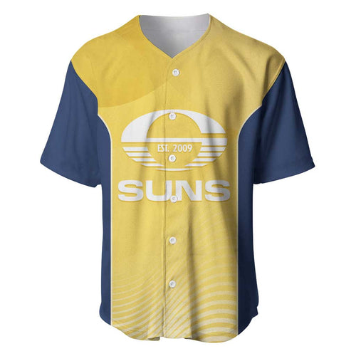 Suns Football Custom Baseball Jersey Gold Coast Est 2009 Sunburnt Gold - Aussie Hoodie
