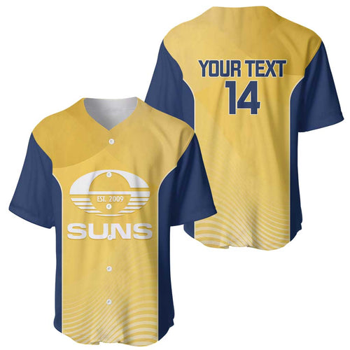 Suns Football Custom Baseball Jersey Gold Coast Est 2009 Sunburnt Gold - Aussie Hoodie