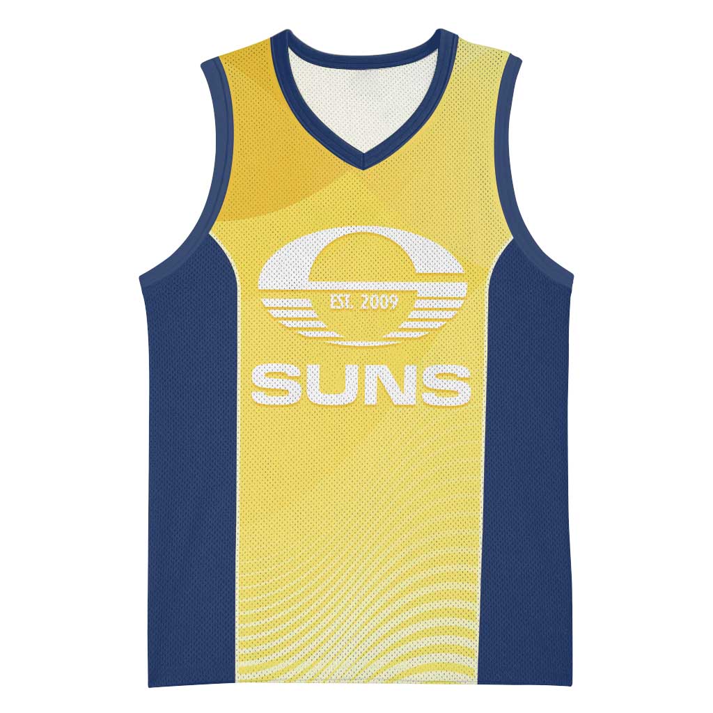 Suns Football Custom Basketball Jersey Gold Coast Est 2009 Sunburnt Gold - Aussie Hoodie