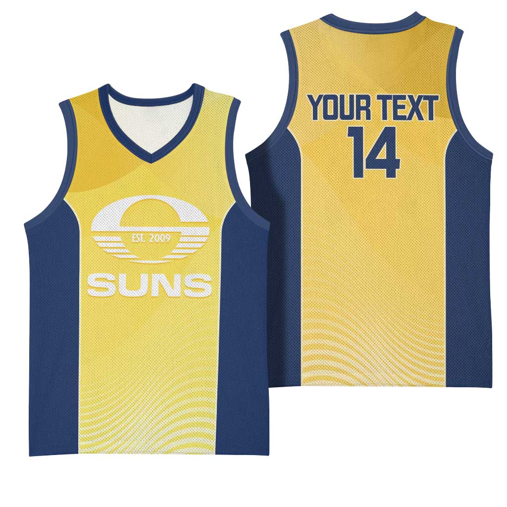 Suns Football Custom Basketball Jersey Gold Coast Est 2009 Sunburnt Gold - Aussie Hoodie