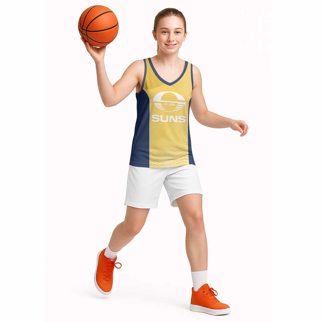 Suns Football Custom Basketball Jersey Gold Coast Est 2009 Sunburnt Gold - Aussie Hoodie