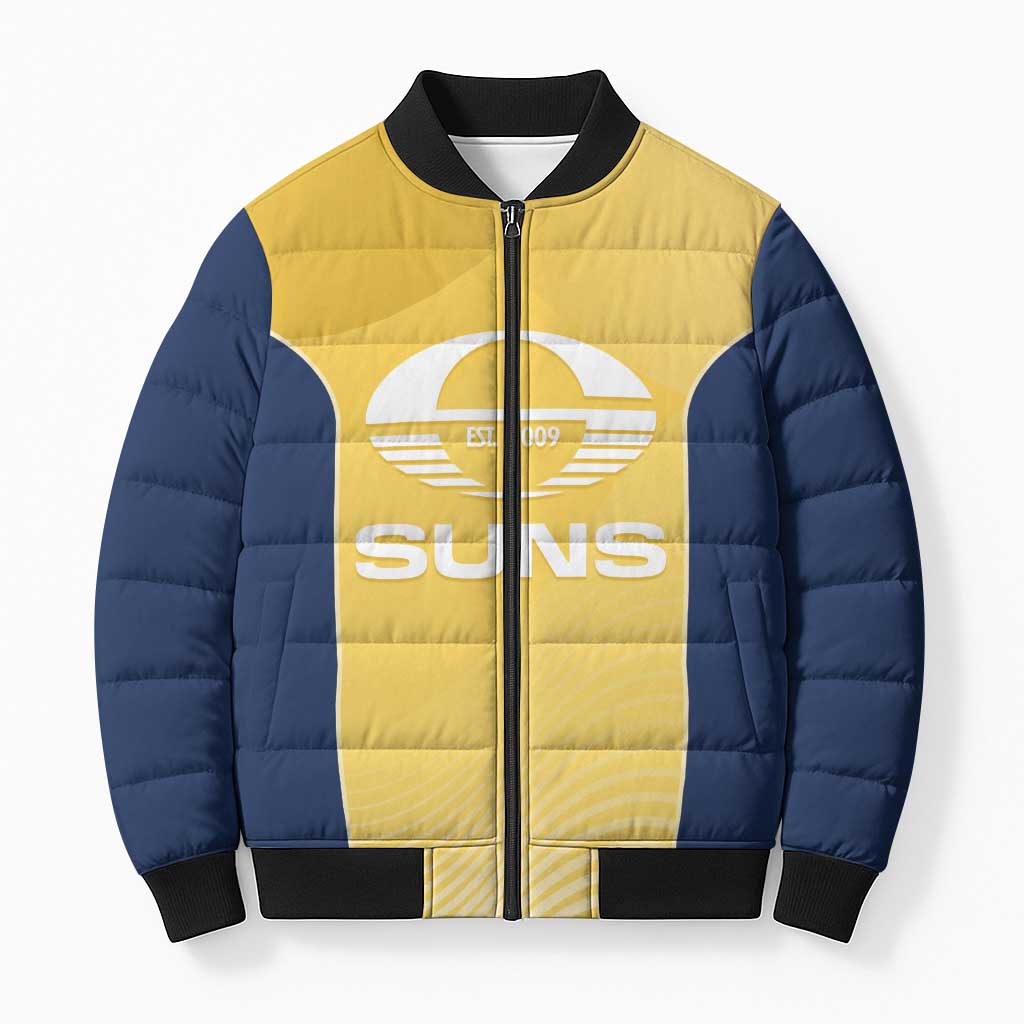 Suns Football Custom Bomber Puffer Jacket Gold Coast Est 2009 Sunburnt Gold - Aussie Hoodie