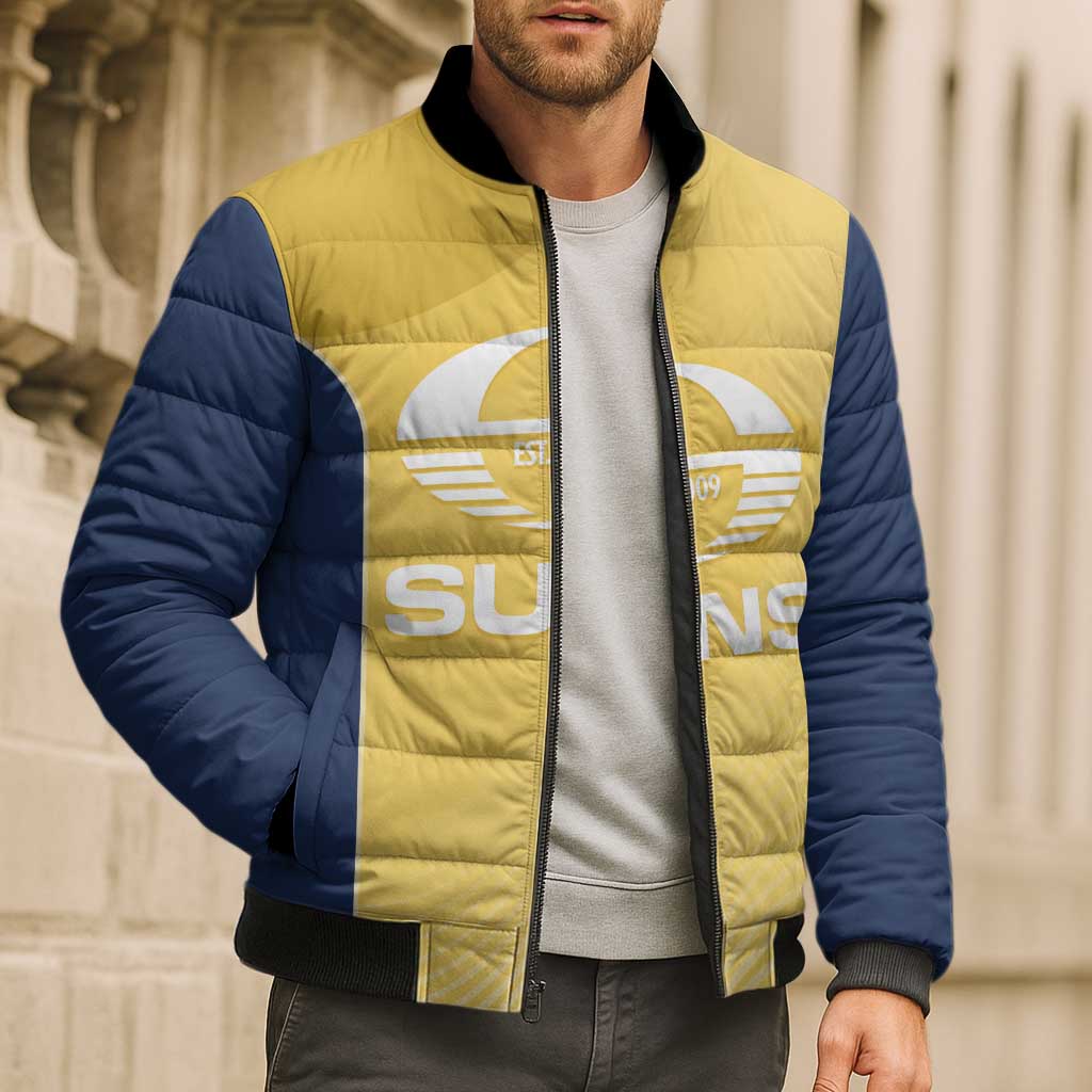 Suns Football Custom Bomber Puffer Jacket Gold Coast Est 2009 Sunburnt Gold - Aussie Hoodie