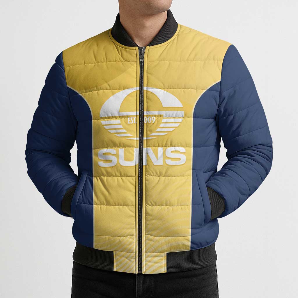 Suns Football Custom Bomber Puffer Jacket Gold Coast Est 2009 Sunburnt Gold - Aussie Hoodie