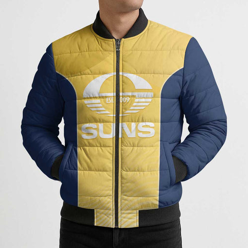 Suns Football Custom Bomber Puffer Jacket Gold Coast Est 2009 Sunburnt Gold - Aussie Hoodie