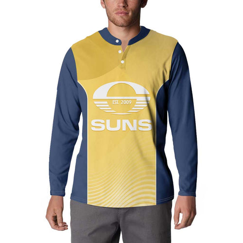 Suns Football Custom Button Sweatshirt Gold Coast Est 2009 Sunburnt Gold - Aussie Hoodie