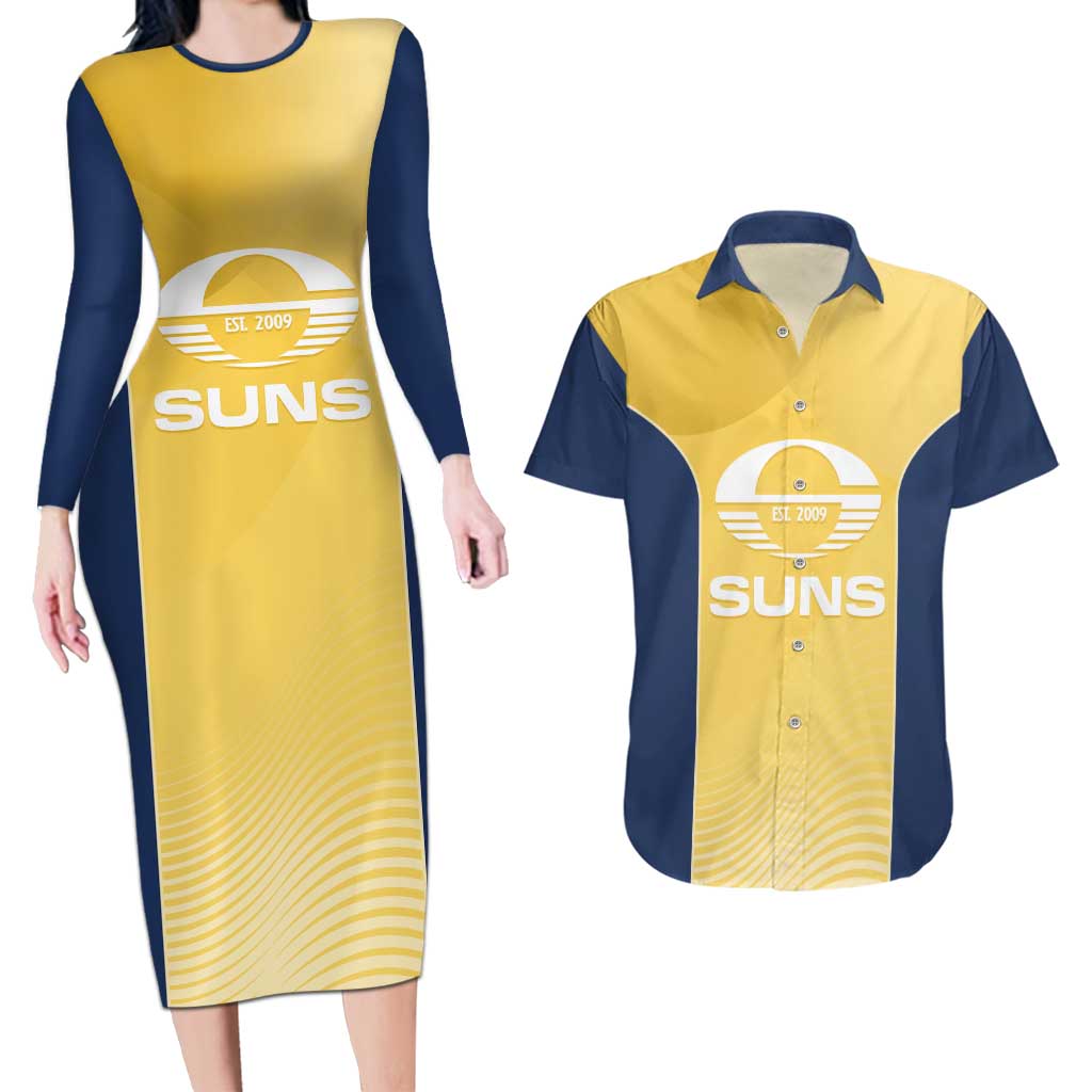 Suns Football Custom Couples Matching Long Sleeve Bodycon Dress and Hawaiian Shirt Gold Coast Est 2009 Sunburnt Gold - Aussie Hoodie