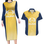 Suns Football Custom Couples Matching Long Sleeve Bodycon Dress and Hawaiian Shirt Gold Coast Est 2009 Sunburnt Gold - Aussie Hoodie