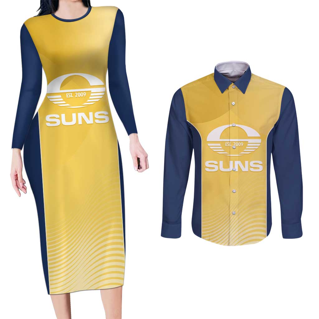 Suns Football Custom Couples Matching Long Sleeve Bodycon Dress and Long Sleeve Button Shirt Gold Coast Est 2009 Sunburnt Gold - Aussie Hoodie