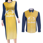Suns Football Custom Couples Matching Long Sleeve Bodycon Dress and Long Sleeve Button Shirt Gold Coast Est 2009 Sunburnt Gold - Aussie Hoodie