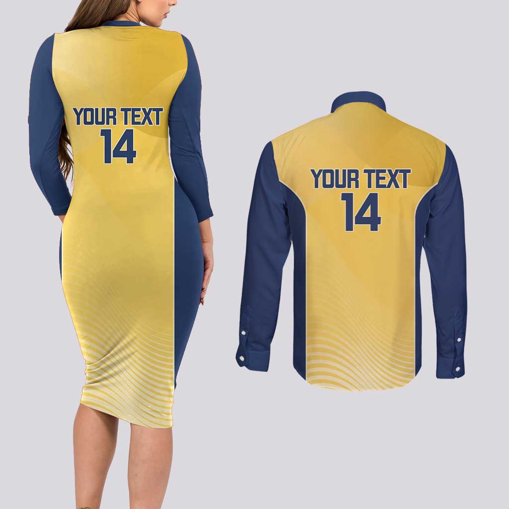 Suns Football Custom Couples Matching Long Sleeve Bodycon Dress and Long Sleeve Button Shirt Gold Coast Est 2009 Sunburnt Gold - Aussie Hoodie