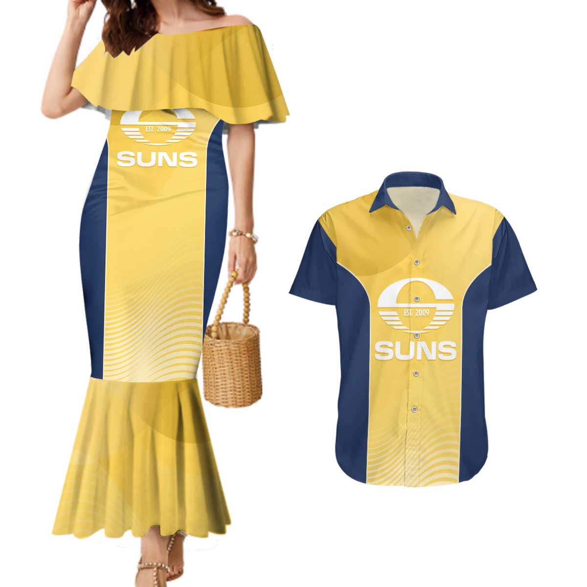 Suns Football Custom Couples Matching Mermaid Dress and Hawaiian Shirt Gold Coast Est 2009 Sunburnt Gold - Aussie Hoodie