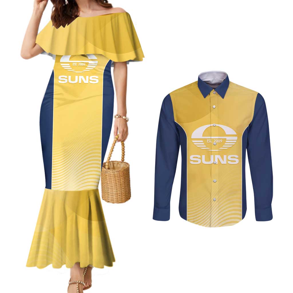 Suns Football Custom Couples Matching Mermaid Dress and Long Sleeve Button Shirt Gold Coast Est 2009 Sunburnt Gold - Aussie Hoodie