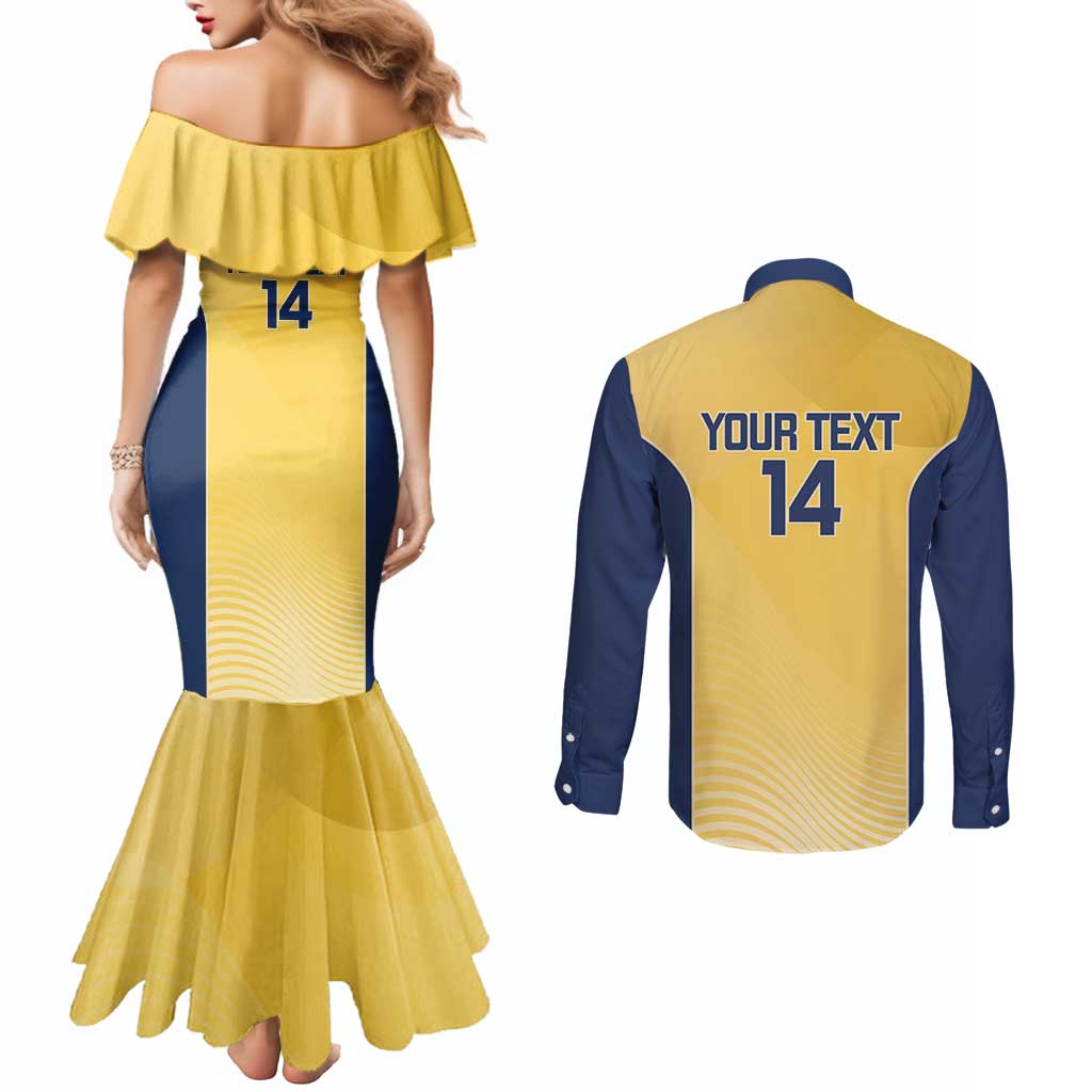 Suns Football Custom Couples Matching Mermaid Dress and Long Sleeve Button Shirt Gold Coast Est 2009 Sunburnt Gold - Aussie Hoodie