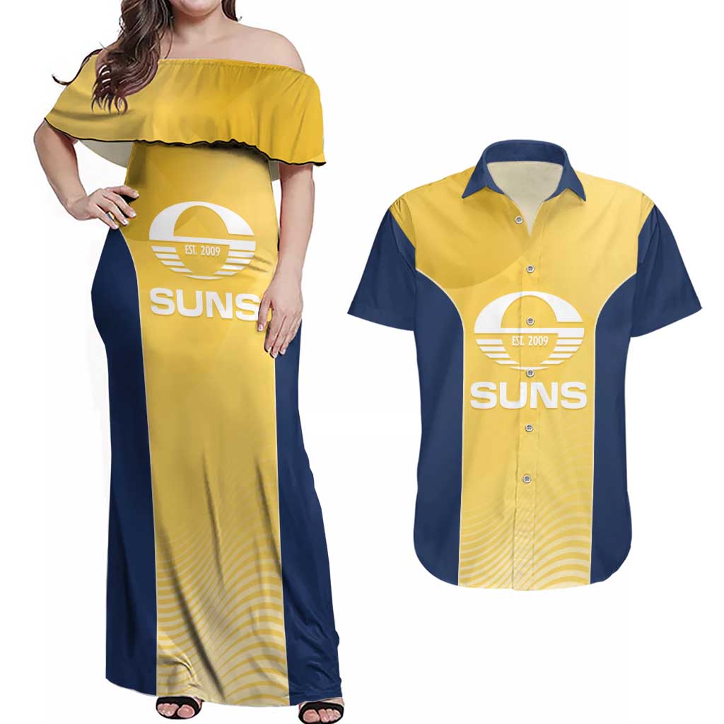 Suns Football Custom Couples Matching Off Shoulder Maxi Dress and Hawaiian Shirt Gold Coast Est 2009 Sunburnt Gold - Aussie Hoodie