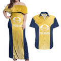 Suns Football Custom Couples Matching Off Shoulder Maxi Dress and Hawaiian Shirt Gold Coast Est 2009 Sunburnt Gold - Aussie Hoodie