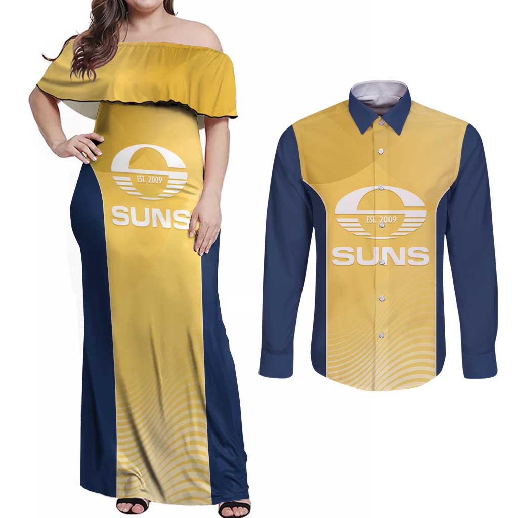 Suns Football Custom Couples Matching Off Shoulder Maxi Dress and Long Sleeve Button Shirt Gold Coast Est 2009 Sunburnt Gold - Aussie Hoodie