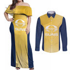 Suns Football Custom Couples Matching Off Shoulder Maxi Dress and Long Sleeve Button Shirt Gold Coast Est 2009 Sunburnt Gold - Aussie Hoodie