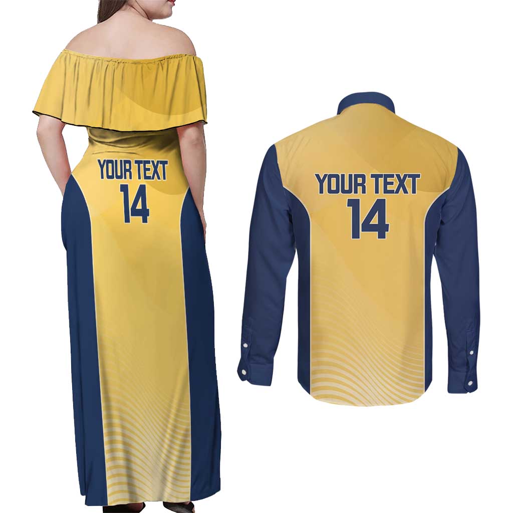Suns Football Custom Couples Matching Off Shoulder Maxi Dress and Long Sleeve Button Shirt Gold Coast Est 2009 Sunburnt Gold - Aussie Hoodie
