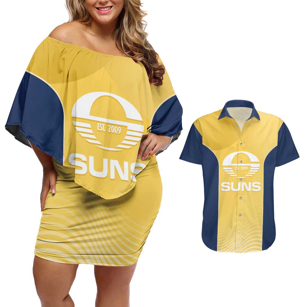 Suns Football Custom Couples Matching Off Shoulder Short Dress and Hawaiian Shirt Gold Coast Est 2009 Sunburnt Gold - Aussie Hoodie