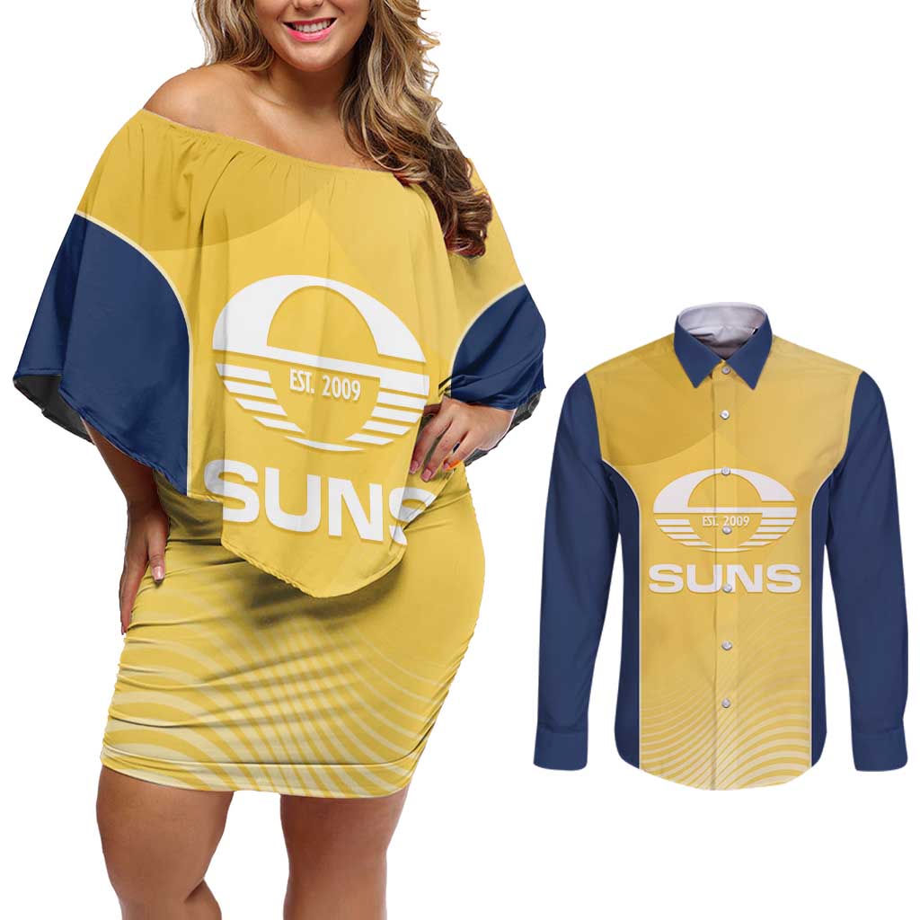 Suns Football Custom Couples Matching Off Shoulder Short Dress and Long Sleeve Button Shirt Gold Coast Est 2009 Sunburnt Gold - Aussie Hoodie
