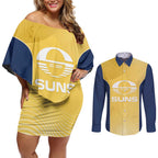 Suns Football Custom Couples Matching Off Shoulder Short Dress and Long Sleeve Button Shirt Gold Coast Est 2009 Sunburnt Gold - Aussie Hoodie