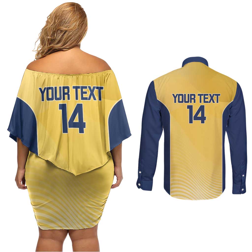 Suns Football Custom Couples Matching Off Shoulder Short Dress and Long Sleeve Button Shirt Gold Coast Est 2009 Sunburnt Gold - Aussie Hoodie