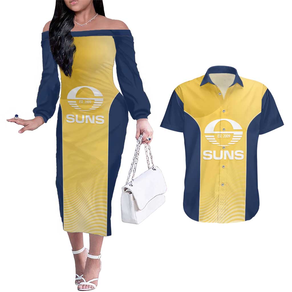 Suns Football Custom Couples Matching Off The Shoulder Long Sleeve Dress and Hawaiian Shirt Gold Coast Est 2009 Sunburnt Gold - Aussie Hoodie