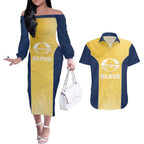 Suns Football Custom Couples Matching Off The Shoulder Long Sleeve Dress and Hawaiian Shirt Gold Coast Est 2009 Sunburnt Gold - Aussie Hoodie