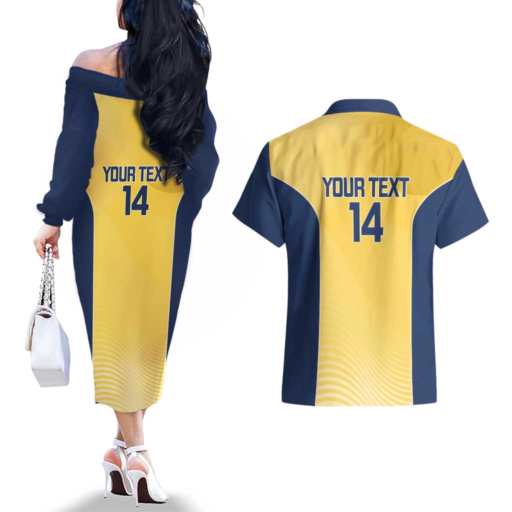 Suns Football Custom Couples Matching Off The Shoulder Long Sleeve Dress and Hawaiian Shirt Gold Coast Est 2009 Sunburnt Gold - Aussie Hoodie