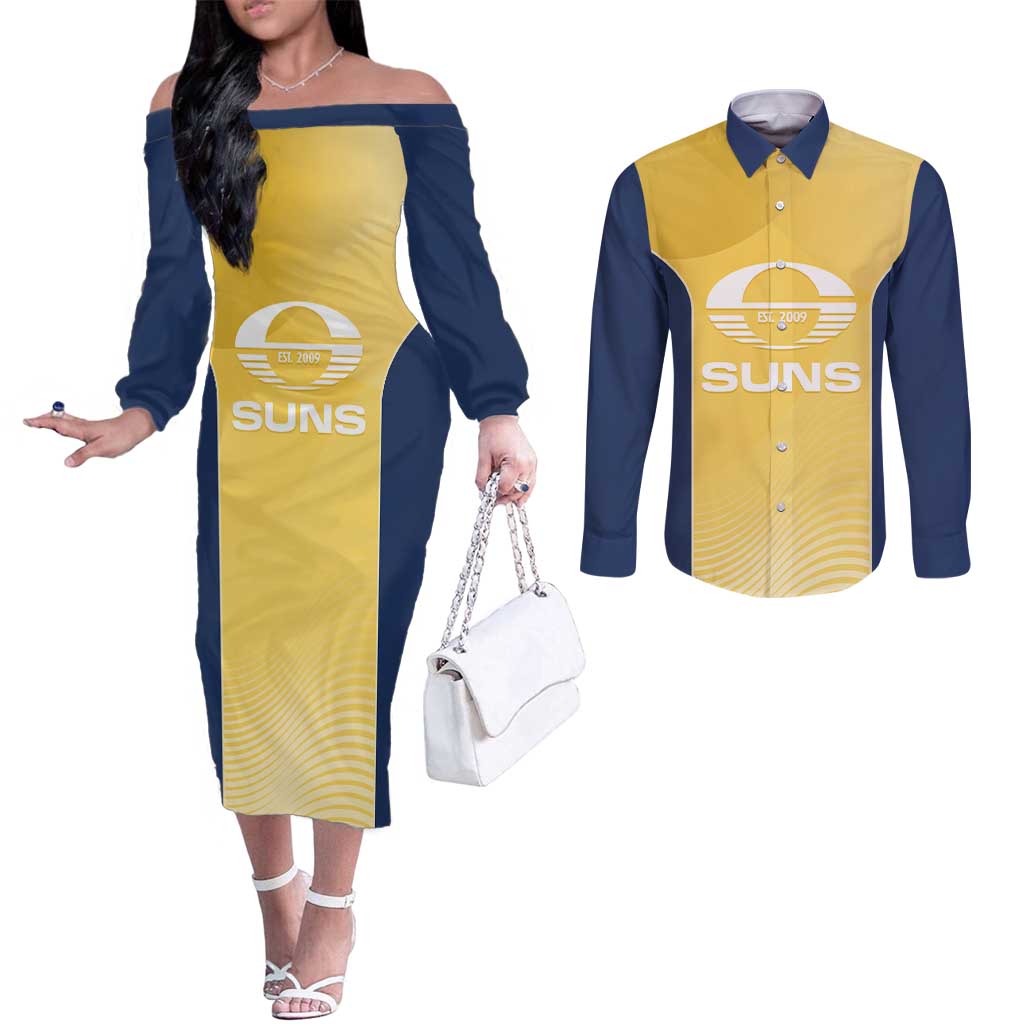 Suns Football Custom Couples Matching Off The Shoulder Long Sleeve Dress and Long Sleeve Button Shirt Gold Coast Est 2009 Sunburnt Gold - Aussie Hoodie