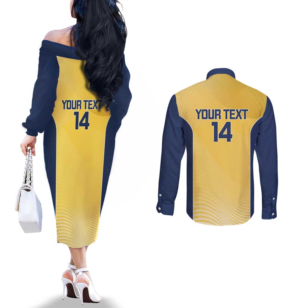 Suns Football Custom Couples Matching Off The Shoulder Long Sleeve Dress and Long Sleeve Button Shirt Gold Coast Est 2009 Sunburnt Gold - Aussie Hoodie