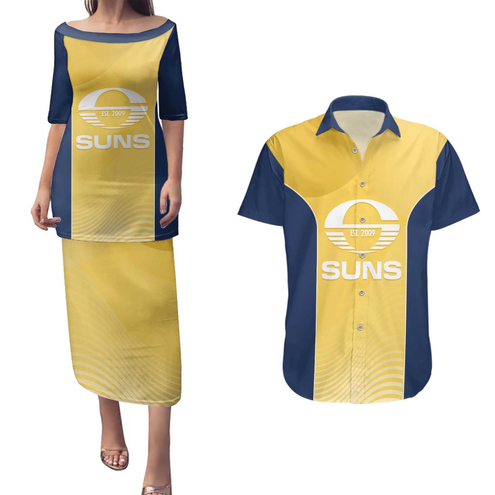 Suns Football Custom Couples Matching Puletasi and Hawaiian Shirt Gold Coast Est 2009 Sunburnt Gold - Aussie Hoodie