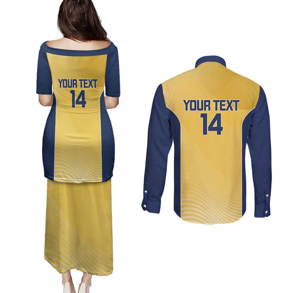 Suns Football Custom Couples Matching Puletasi and Long Sleeve Button Shirt Gold Coast Est 2009 Sunburnt Gold - Aussie Hoodie