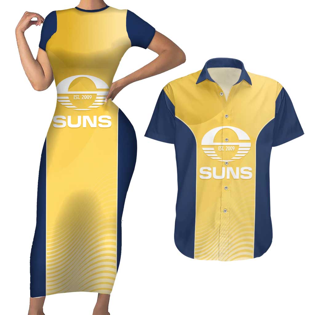 Suns Football Custom Couples Matching Short Sleeve Bodycon Dress and Hawaiian Shirt Gold Coast Est 2009 Sunburnt Gold - Aussie Hoodie