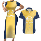 Suns Football Custom Couples Matching Short Sleeve Bodycon Dress and Hawaiian Shirt Gold Coast Est 2009 Sunburnt Gold - Aussie Hoodie