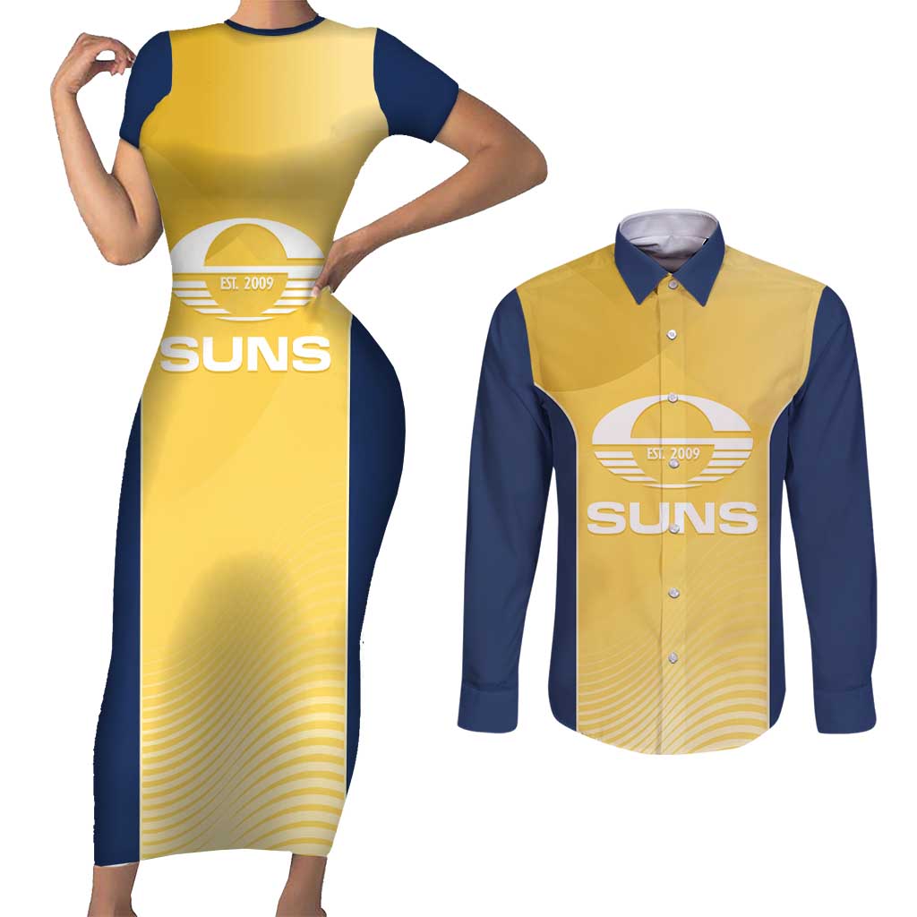 Suns Football Custom Couples Matching Short Sleeve Bodycon Dress and Long Sleeve Button Shirt Gold Coast Est 2009 Sunburnt Gold - Aussie Hoodie