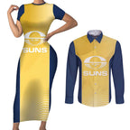 Suns Football Custom Couples Matching Short Sleeve Bodycon Dress and Long Sleeve Button Shirt Gold Coast Est 2009 Sunburnt Gold - Aussie Hoodie