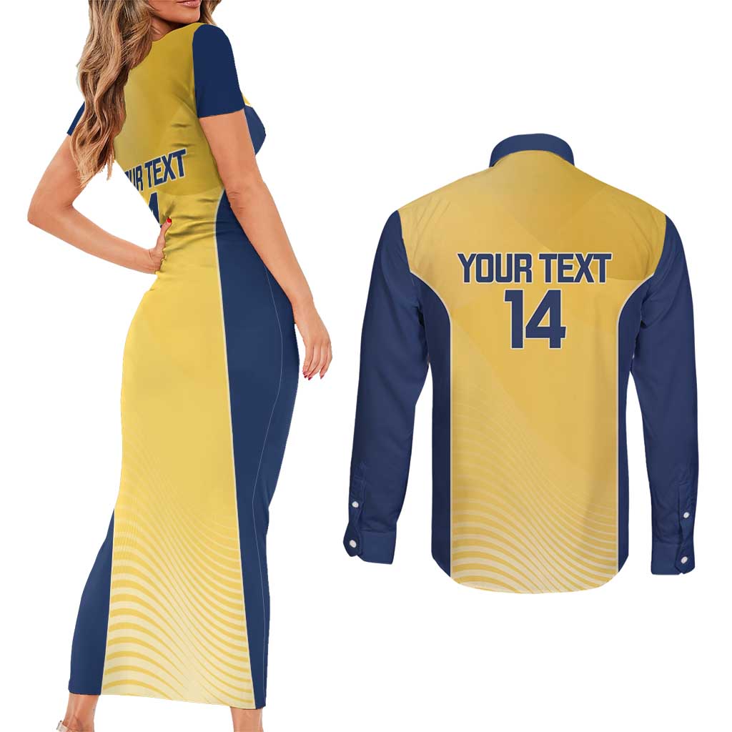 Suns Football Custom Couples Matching Short Sleeve Bodycon Dress and Long Sleeve Button Shirt Gold Coast Est 2009 Sunburnt Gold - Aussie Hoodie