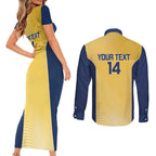 Suns Football Custom Couples Matching Short Sleeve Bodycon Dress and Long Sleeve Button Shirt Gold Coast Est 2009 Sunburnt Gold - Aussie Hoodie