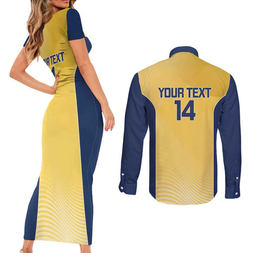 Suns Football Custom Couples Matching Short Sleeve Bodycon Dress and Long Sleeve Button Shirt Gold Coast Est 2009 Sunburnt Gold - Aussie Hoodie