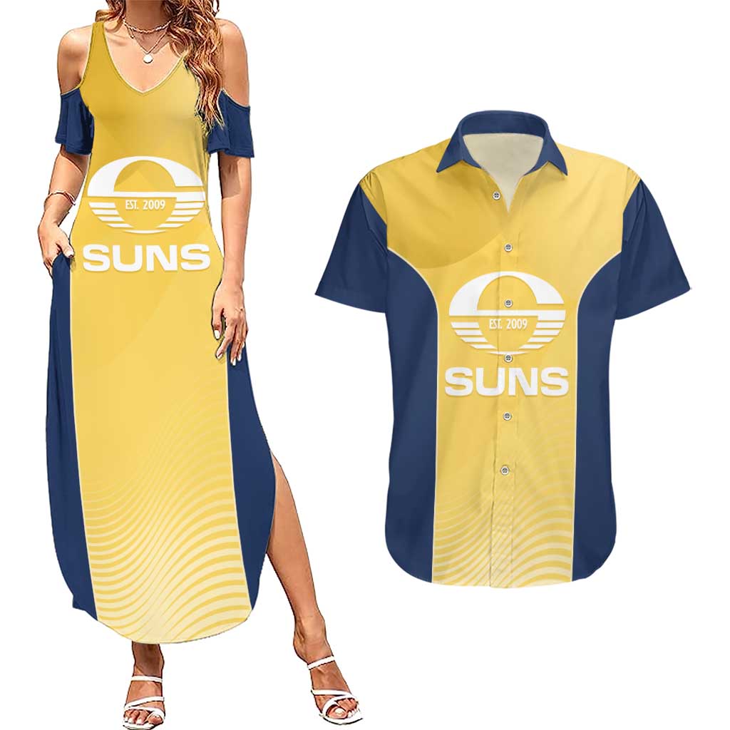 Suns Football Custom Couples Matching Summer Maxi Dress and Hawaiian Shirt Gold Coast Est 2009 Sunburnt Gold - Aussie Hoodie